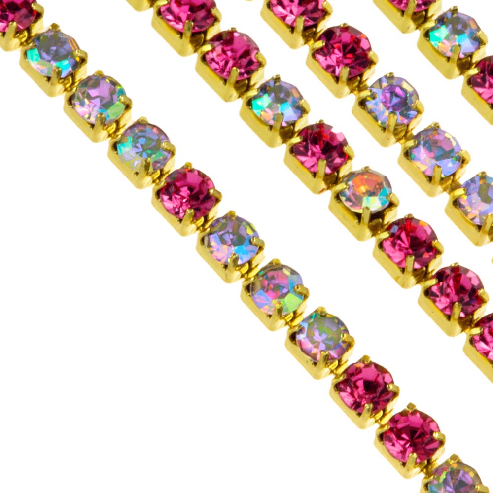 Chaîne Strass (2 mm) Or - Pink Color AB (2 mètres)