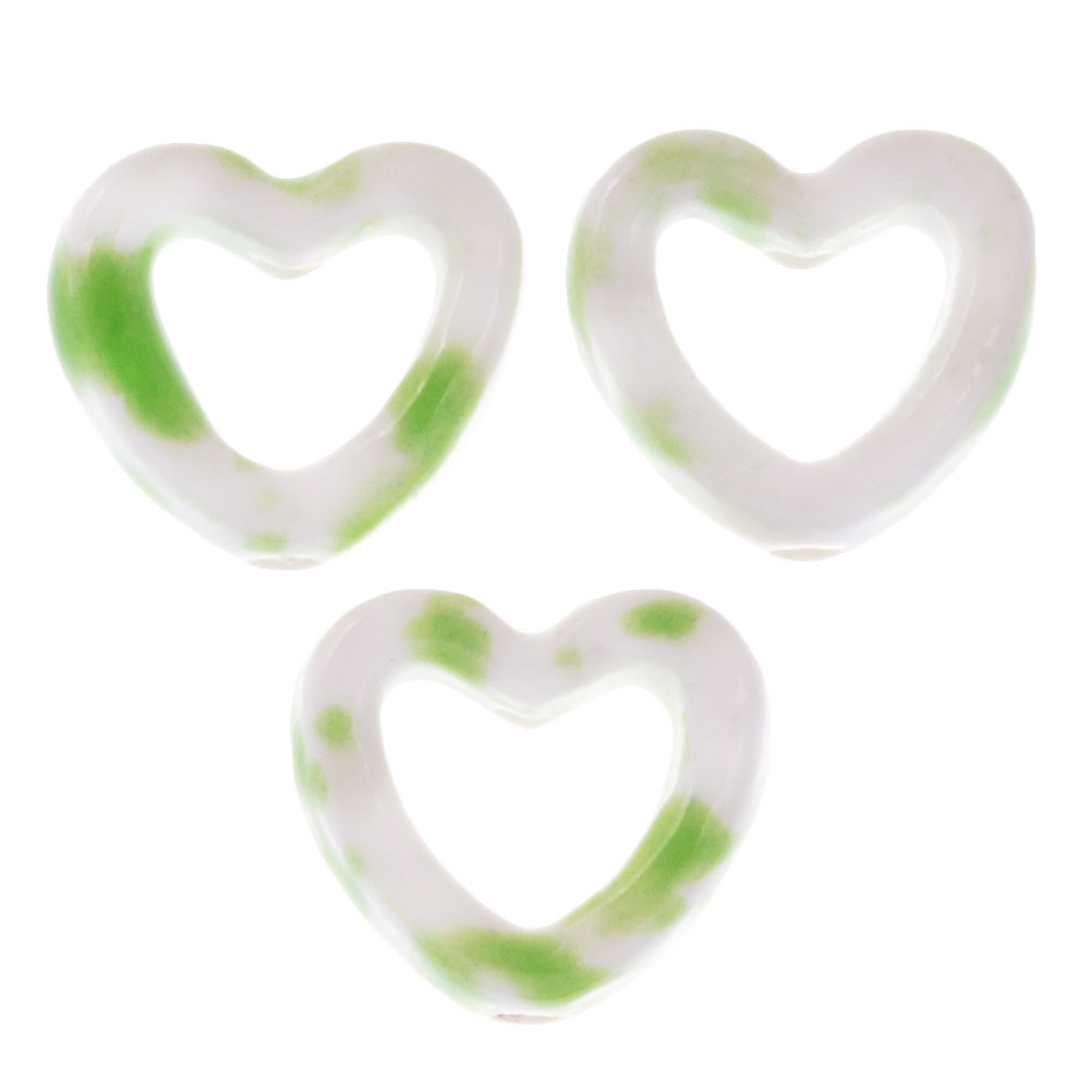 Perles en Céramique Coeur (12 x 13.5 x 5.5 mm) White - Green Spotted (3 pièces)